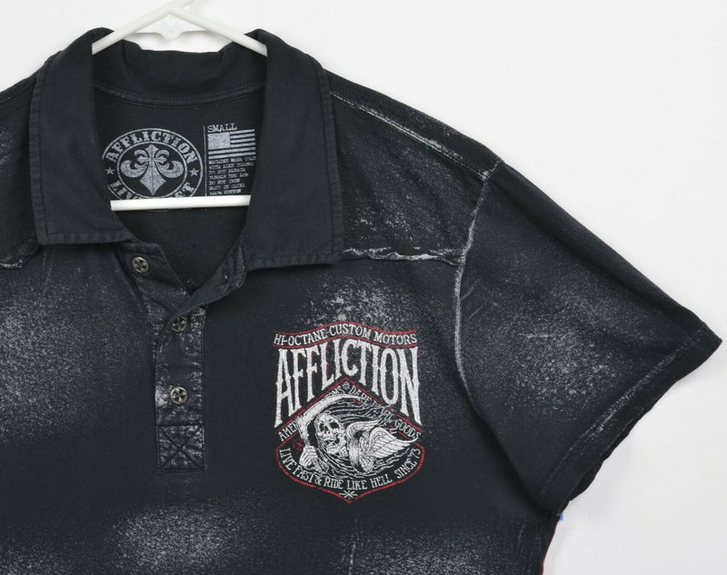 Affliction Men's Small Grim Reaper Custom Motors Black Distressed Polo Shirt