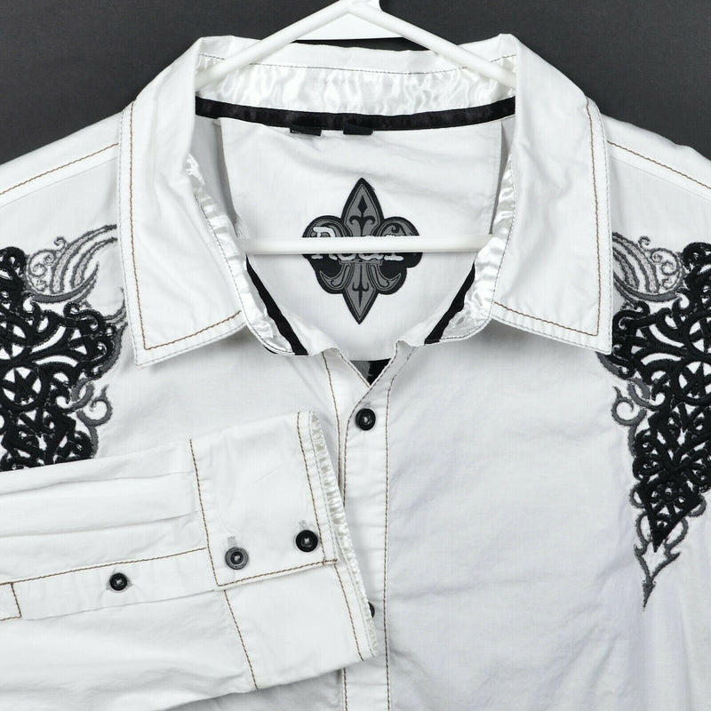 Roar Men's 3XL Tribal Cross White Black Embroidered Rock Button-Front Shirt