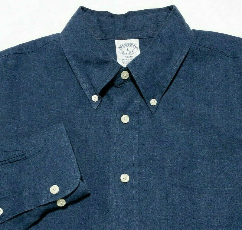 Brooks Brothers Irish Linen Regent Button-Down Shirt Solid Navy Blue Men's Large