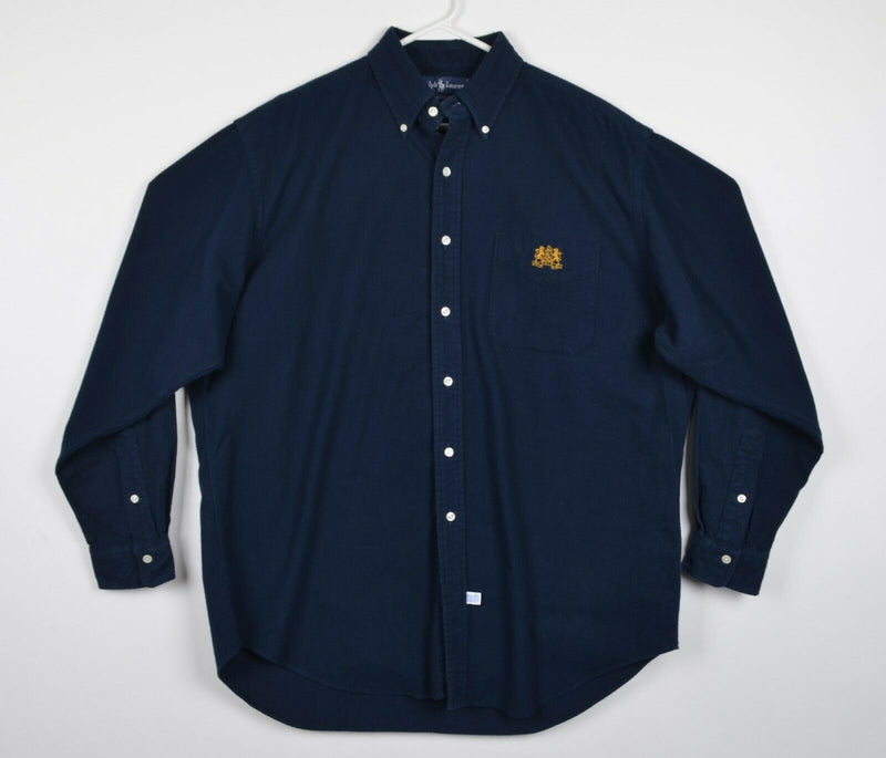 Vintage 90s Polo Ralph Lauren Men's Large Lion Crest Navy Blue Flannel Shirt