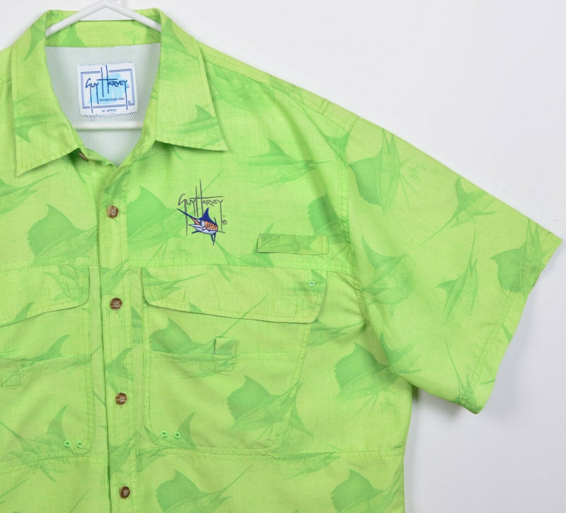 Guy Harvey Men's XL? Vented Fishing Green Marlin Hawaiian Button-Front Shirt