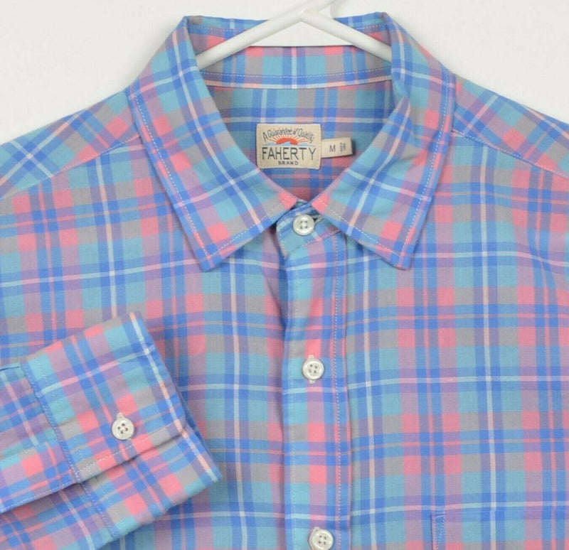 Faherty Men's Medium Pink Blue Turquoise Plaid Long Sleeve Button-Front Shirt