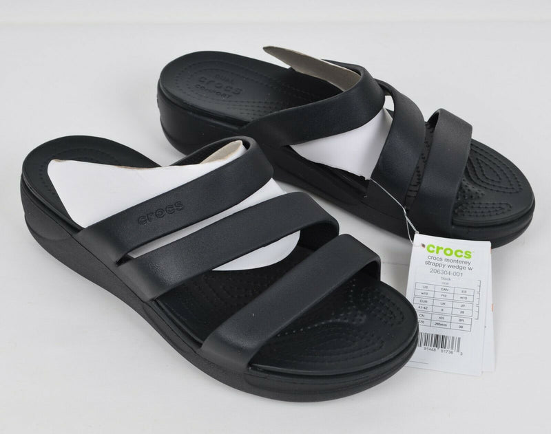 Crocs Women's US 10 Monterey Strappy Wedge Black Slip-On Sandals