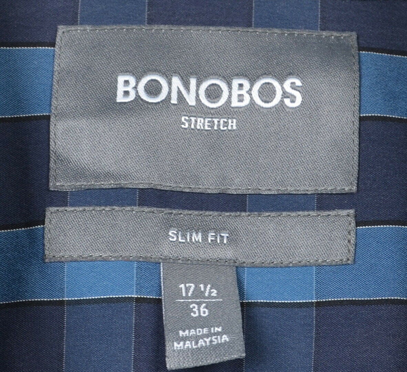 Bonobos Stretch Men's 17.5/36 (XL) Slim Fit Blue Navy Plaid Button-Front Shirt