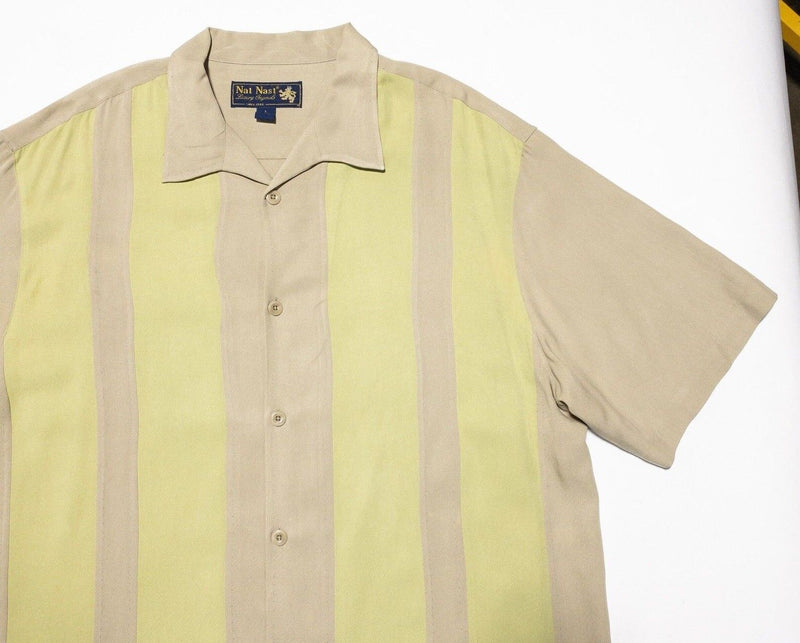 Nat Nast Silk Shirt Large Men's Panel Striped Bowling Retro Yellow Tan Hawaiian