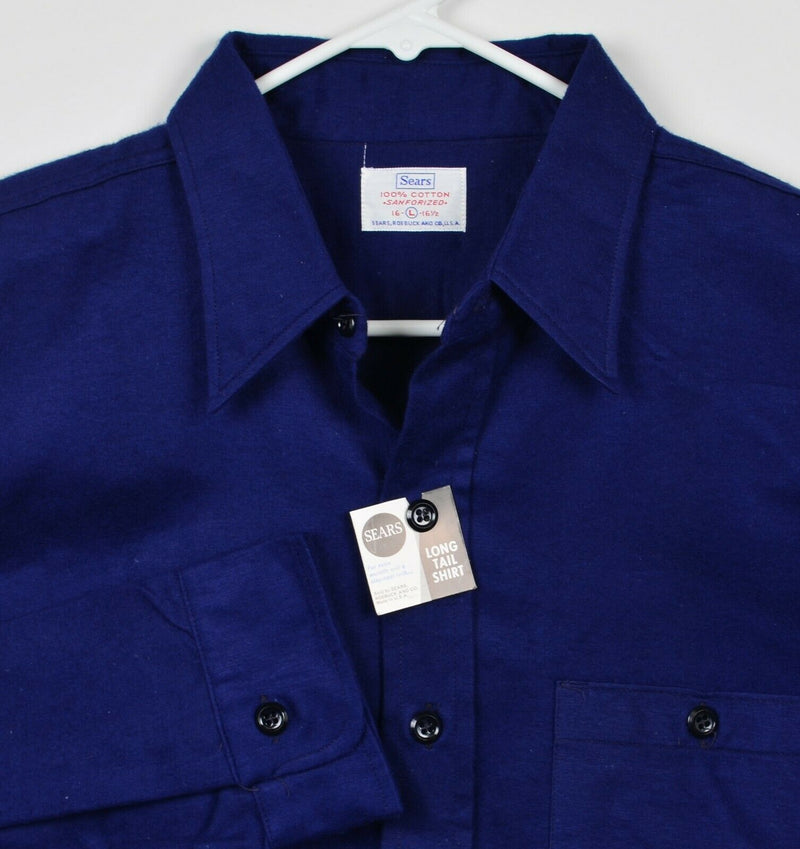 Vintage 60s Sears Men's Large Sanforized Solid Blue Flannel Work Long Tail Shirt