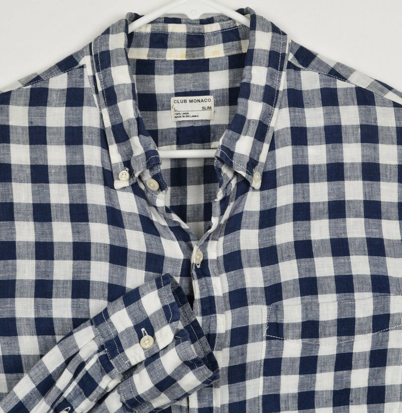 Club Monaco Men's Sz Large Slim Fit 100% Linen Blue White Buffalo Plaid Shirt