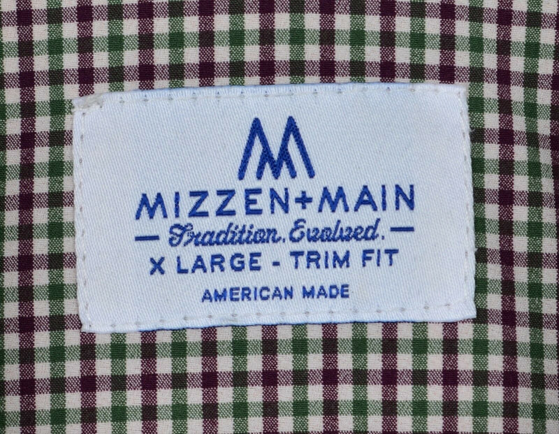 Mizzen+Main Men's XL Trim Fit Green Maroon Plaid Check Performance Dress Shirt