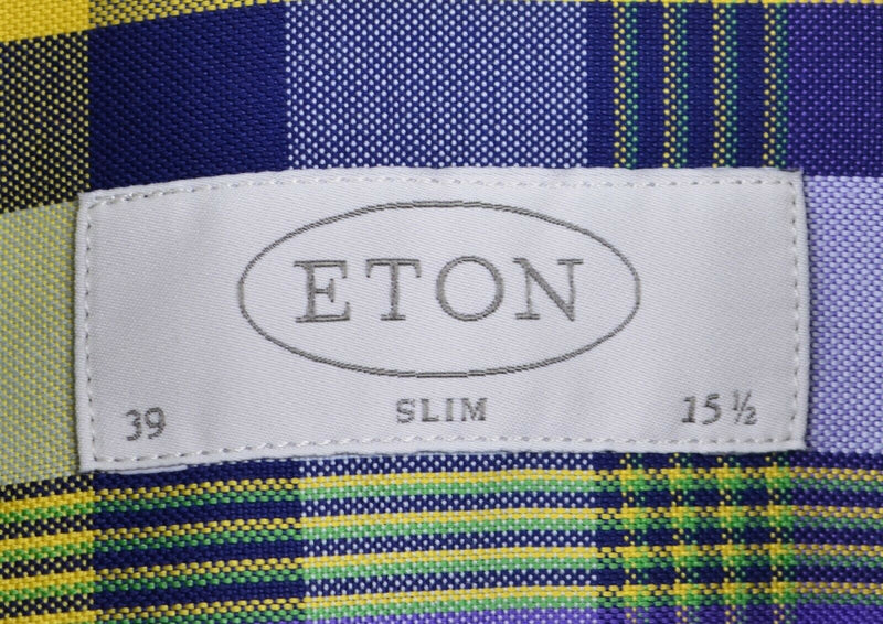 ETON Men's Sz 15.5 Slim Purple Yellow Blue Plaid Button-Front Dress Shirt