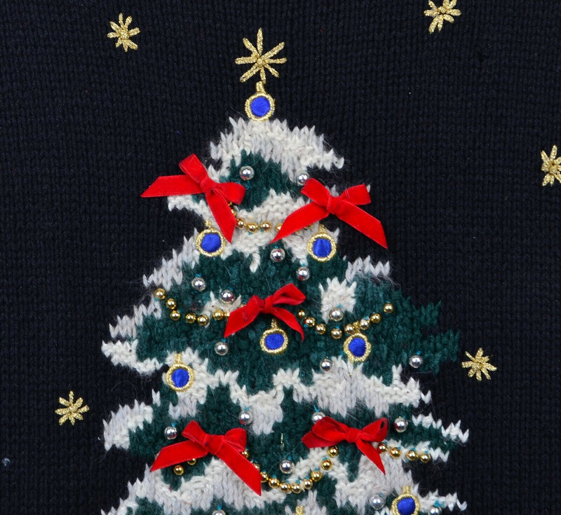 Vtg 90s Ugly Christmas Sweater Adult Sz Large Hand Knit Black Big Christmas Tree