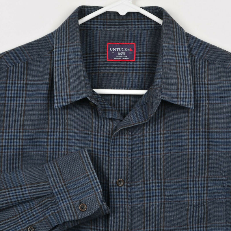 UNTUCKit Men's Sz Large Slim Fit Navy Blue Plaid Button-Front Flannel Shirt