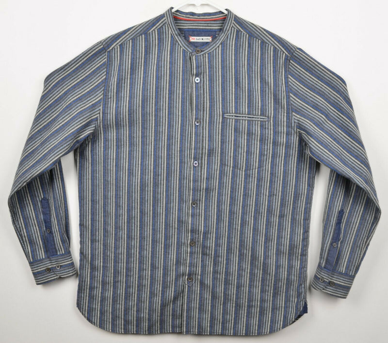 32 Bar Blues Men's Sz Large Gray Blue Striped Band Collar Long Sleeve Shirt