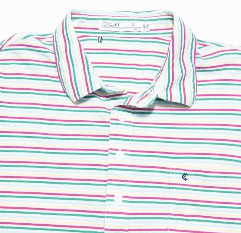 Criquet Polo Shirt XL Slim Fit Men's Magenta Green White Stripe Colorful Logo