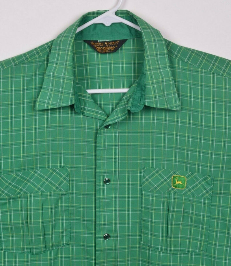 Vintage 60s John Deere Men's Large Pearl Snap Green Plaid Uniform Dealer Shirt