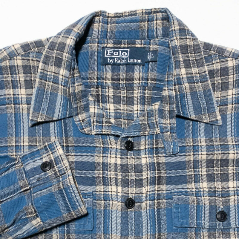 Polo Ralph Lauren Flannel Shirt Loop Collar Blue Plaid Button-Front Men's Large