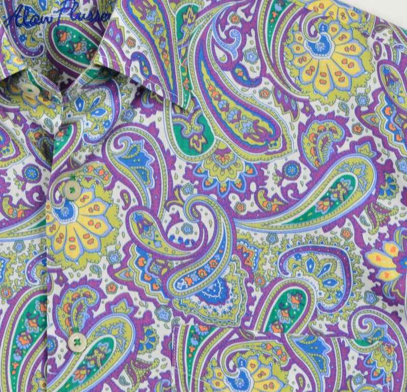 Alan Flusser Men's Sz Medium Paisley Purple Green Bright Flip Cuff Shirt