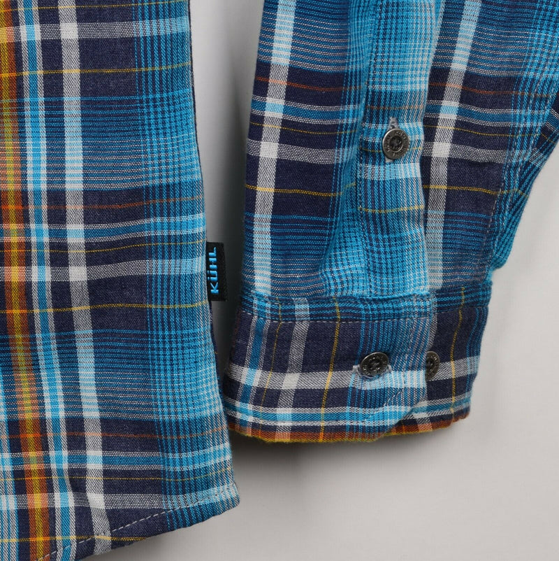 Kuhl Men's Large Blue Plaid Hiking Cotton Poly Blend Shatterd Flannel Shirt