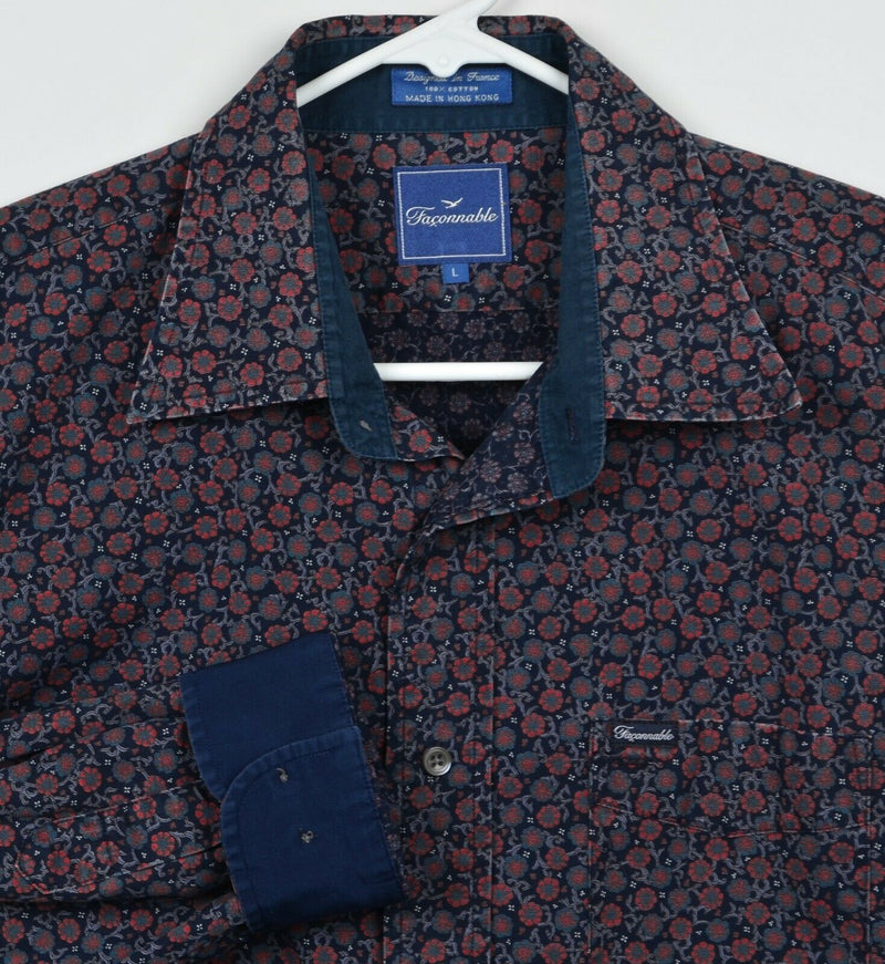 Vtg Faconnable Men's Sz Large Floral Pattern Flip Cuff Navy Button-Front Shirt