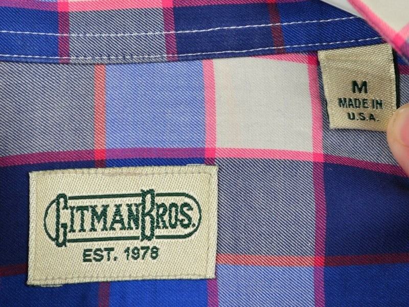 Vintage Gitman Bros Men's Medium Blue Pink Plaid Made in USA Button-Front Shirt