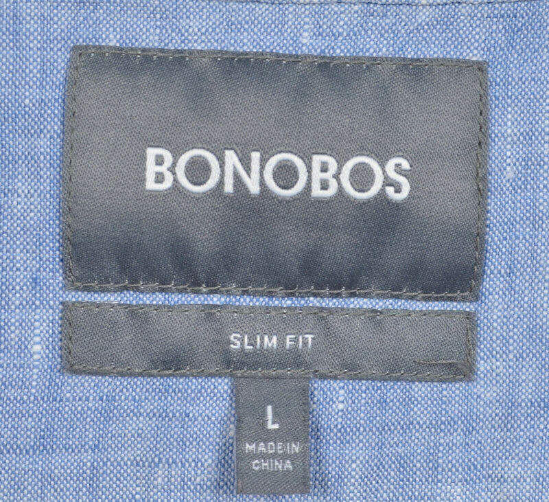 Bonobos Men's Large Slim Fit 100% Linen Blue Island Palm Print Button-Down Shirt