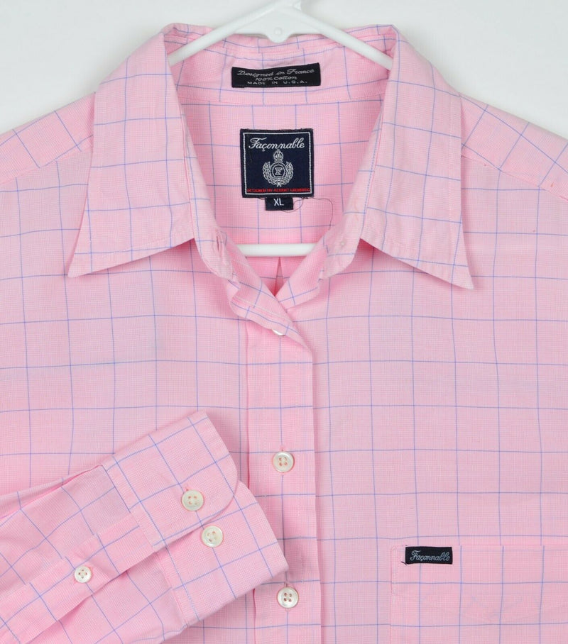 Vtg Faconnable Men's Sz XL Pink Plaid Albert Goldberg USA Long Sleeve Shirt