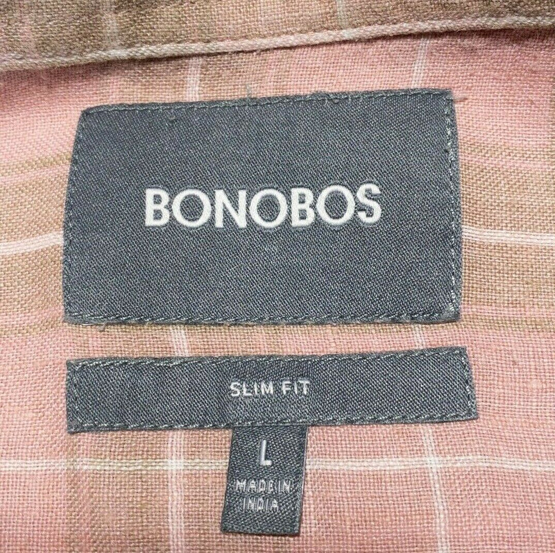 Bonobos Linen Men's Large Slim Fit Pink Plaid Long Sleeve Button-Front Shirt