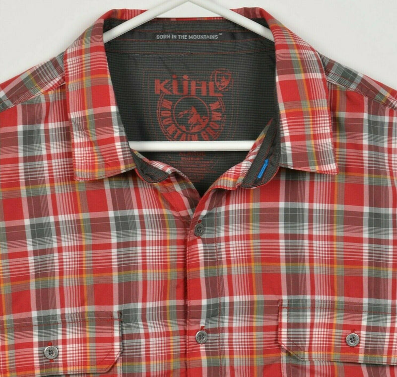 Kuhl Eluxur Men's XL Red Plaid Hiking Travel Polyester Ionik Button-Front Shirt