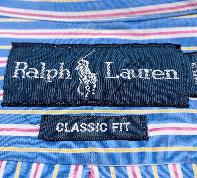 Polo Ralph Lauren Shirt Men's 2XL Classic Fit Striped Pink Blue Long Sleeve Pony