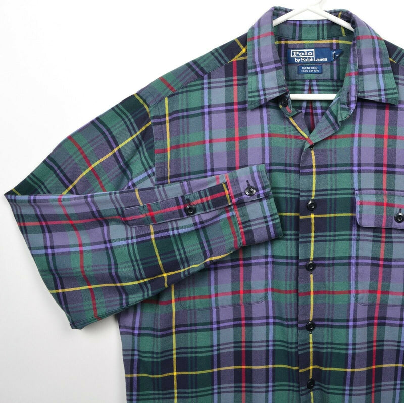 Polo Ralph Lauren Men's Medium Benford Green Purple Colorful Plaid Flannel Shirt