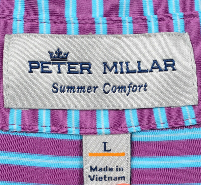 Peter Millar Summer Comfort Men's Large Purple Aqua Blue Striped Golf Polo Shirt