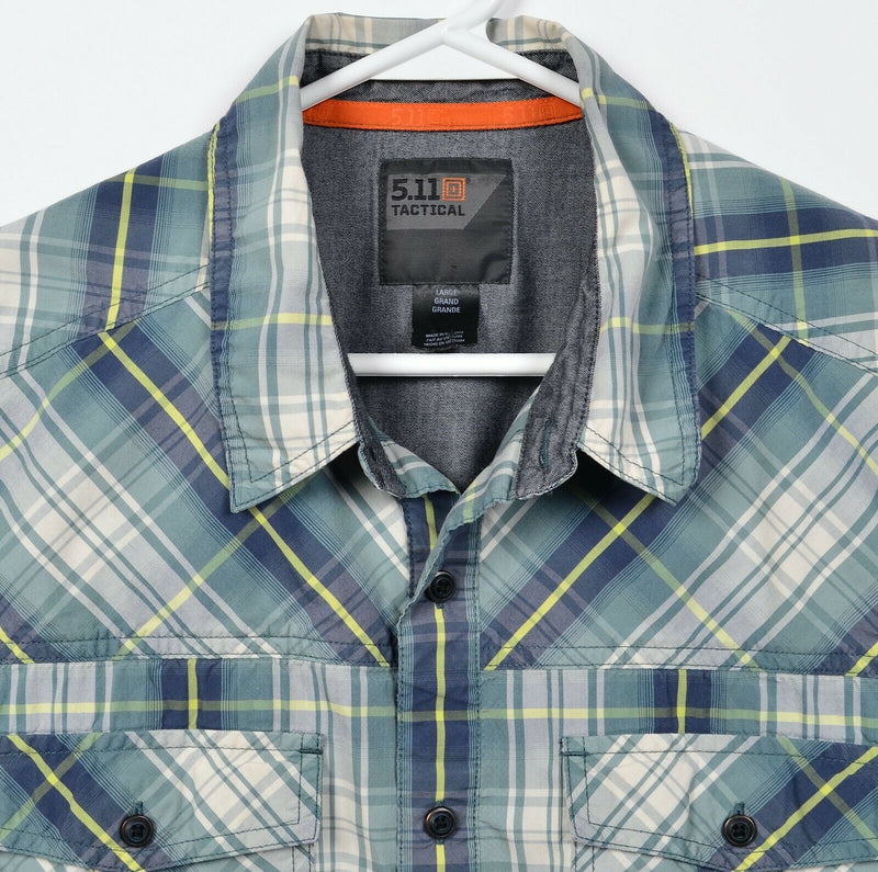 5.11 Tactical Men's Large QuickDraw Conceal Carry Snap Green Blue Plaid Shirt