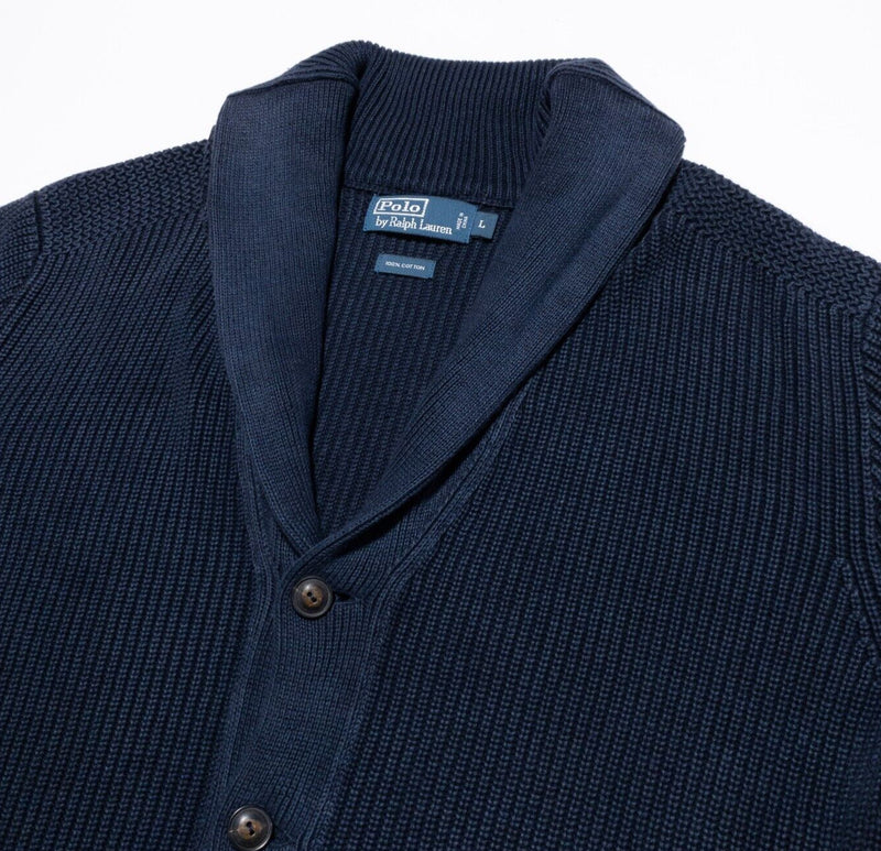 Polo Ralph Lauren Cardigan Sweater Mens Large Shawl Collar Knit Navy Blue Cotton