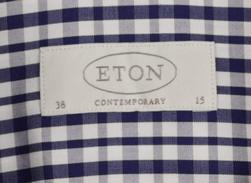 Eton Contemporary Men's Sz 38 / 15 Navy Blue White Plaid Dress Shirt
