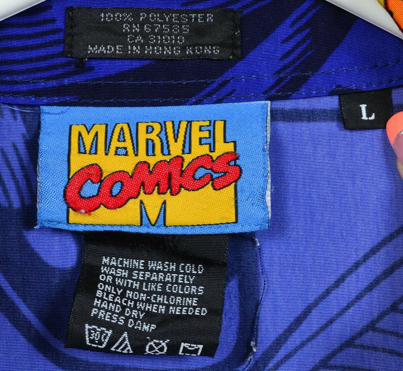 Vintage Marvel Comics Men's Large Spider-Man Hulk Blue Y2K Polyester Camp Shirt