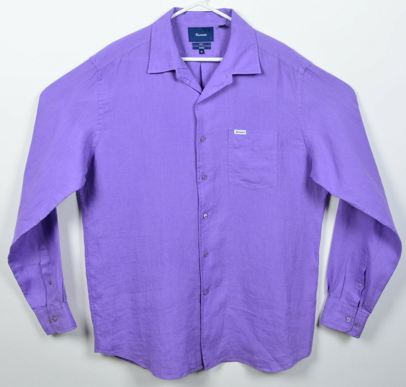 Faconnable Men's XL 100% Linen Club Riviera Solid Purple Button-Front Shirt