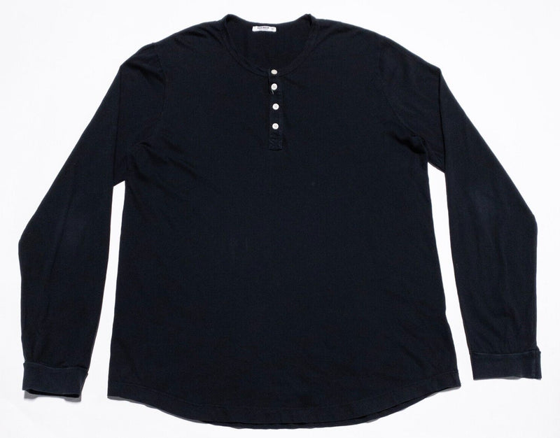 Buck Mason Henley Shirt Men's XL Curved Hem Solid Black 4-Button Long Sleeve