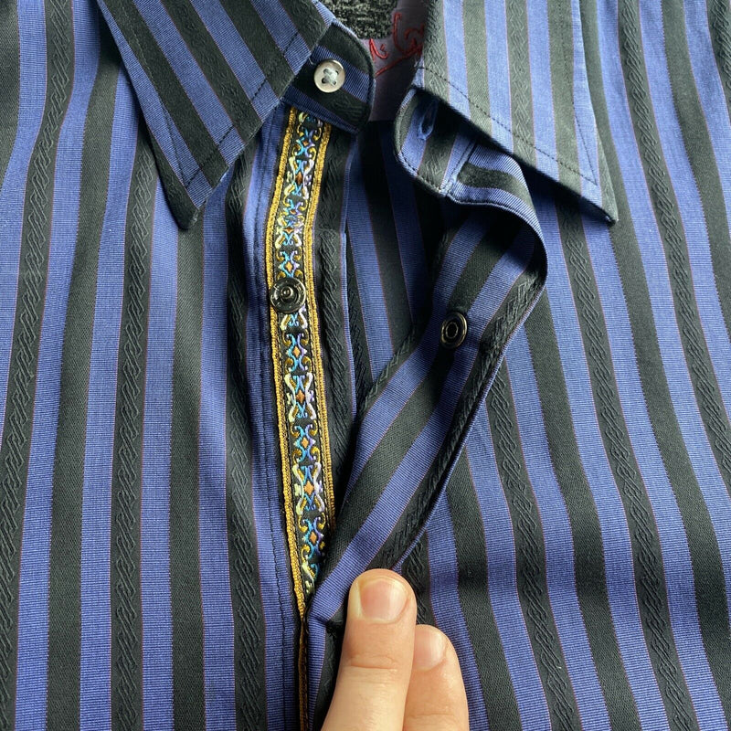 Robert Graham Men's XL Flip Cuff Blue Black Striped Snap-Front Crown Logo Shirt