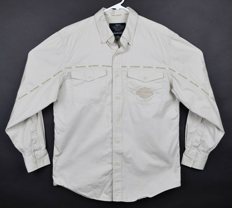 Harley Davidson Men's Medium Ivory White Embroidered Biker Garage Mechanic Shirt