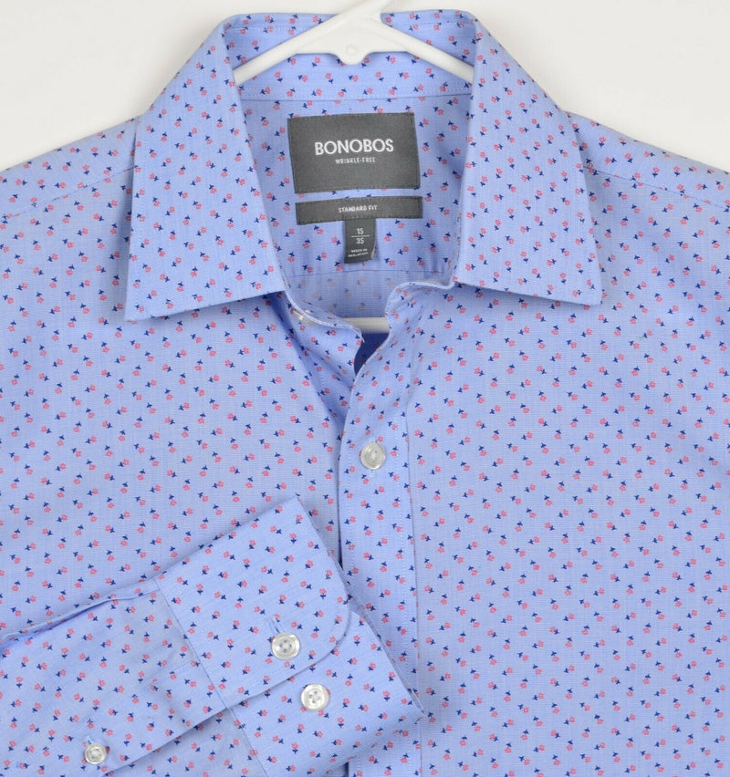 Bonobos Wrinkle-Free Men's Sz 15/35 Floral Blue Long Sleeve Dress Shirt