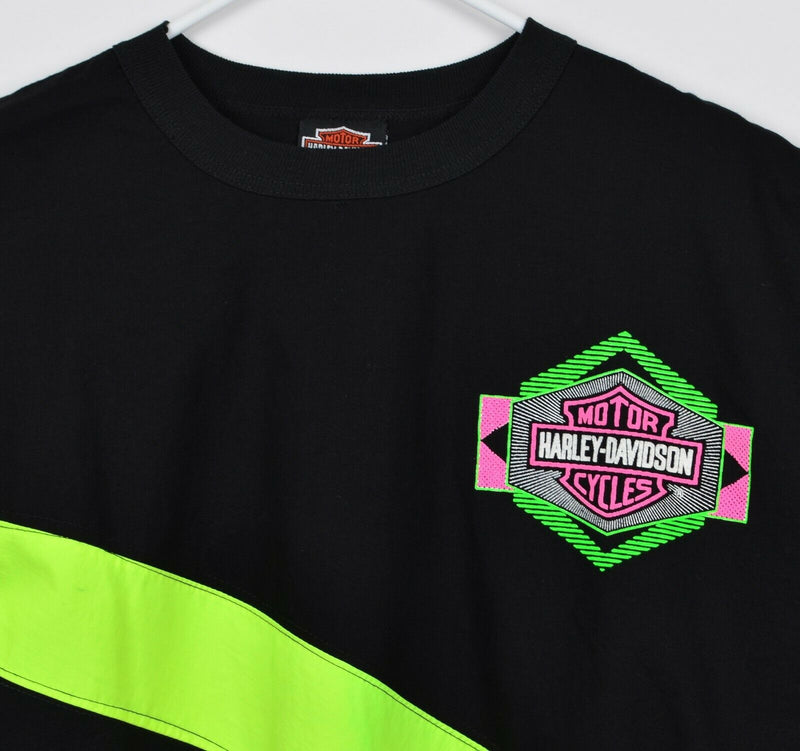 Vintage 80s Harley-Davidson Men's XL Neon Green Pink Stripe Sweatshirt Shirt