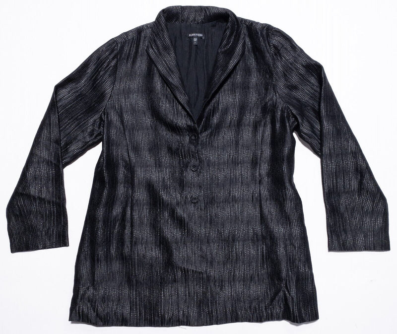 Eileen Fisher Silk Blazer Women's Large Shiny Black Button-Up Lined
