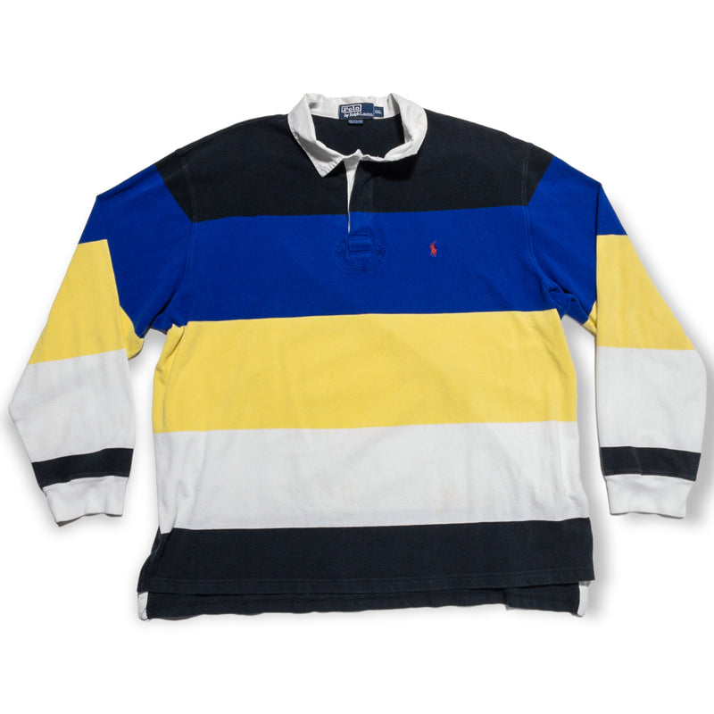 Polo Ralph Lauren Rugby Shirt Men's 2XL Long Sleeve Polo Striped Yellow Blue 90s