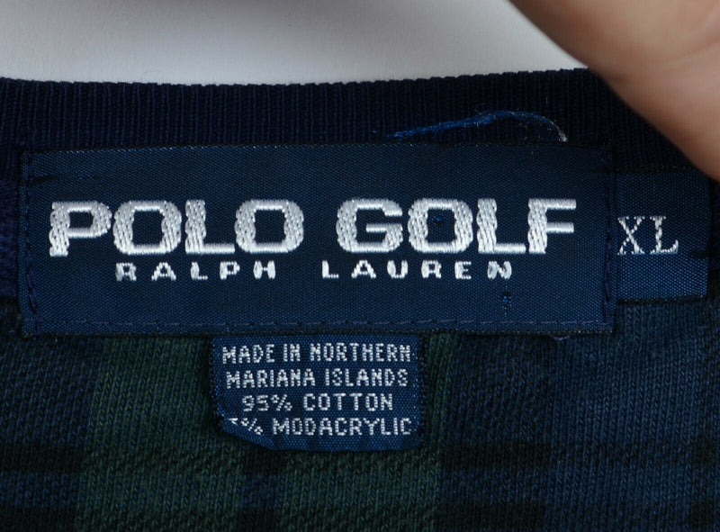 Vintage 90s Polo Golf Ralph Lauren Men's XL Green Navy Tartan Plaid Sweatshirt