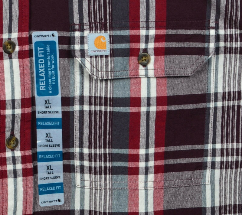 Carhartt Men's XLT Relaxed Fit Red Maroon Fort Plaid S/S Button-Down Shirt