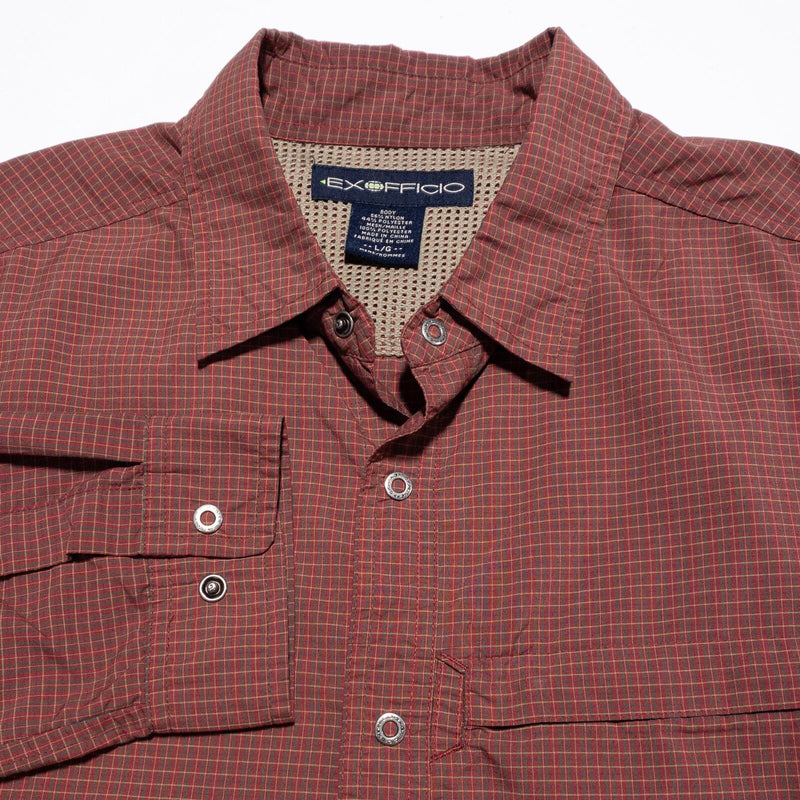 ExOfficio Shirt Men's Large Snap-Front Red Plaid Vented Fishing Travel Outdoor