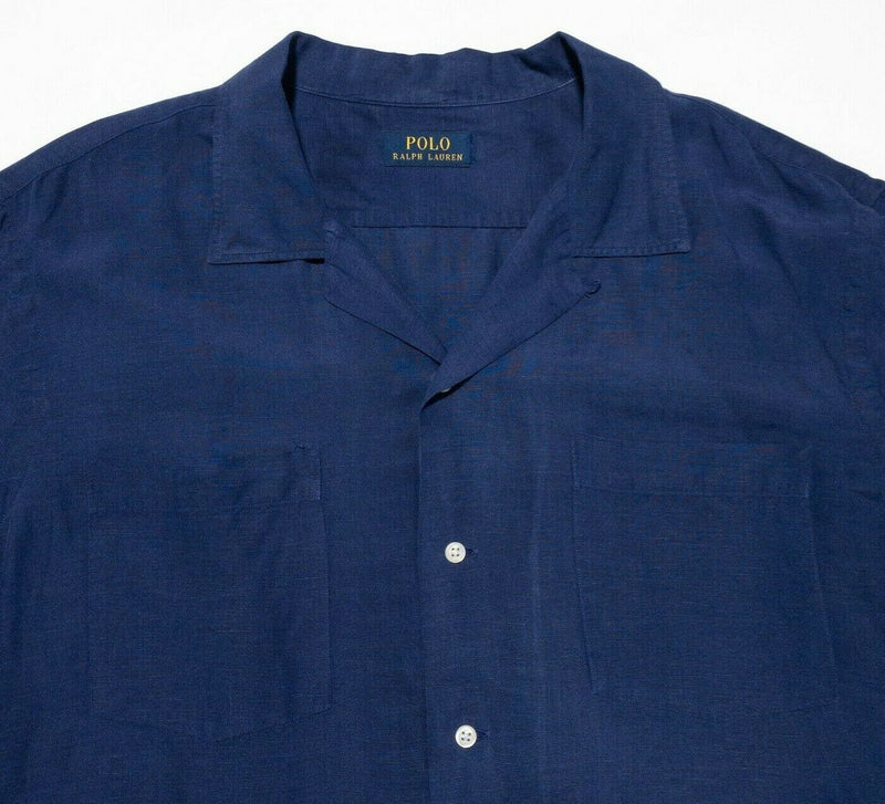 Polo Ralph Lauren Shirt Camp Shirt Mens Large/XL Linen Silk Blend Navy Blue Loop