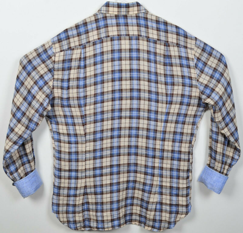 Hammer Made Men's 16/41 Linen Flip Cuff Beige Blue Plaid Button-Front Shirt