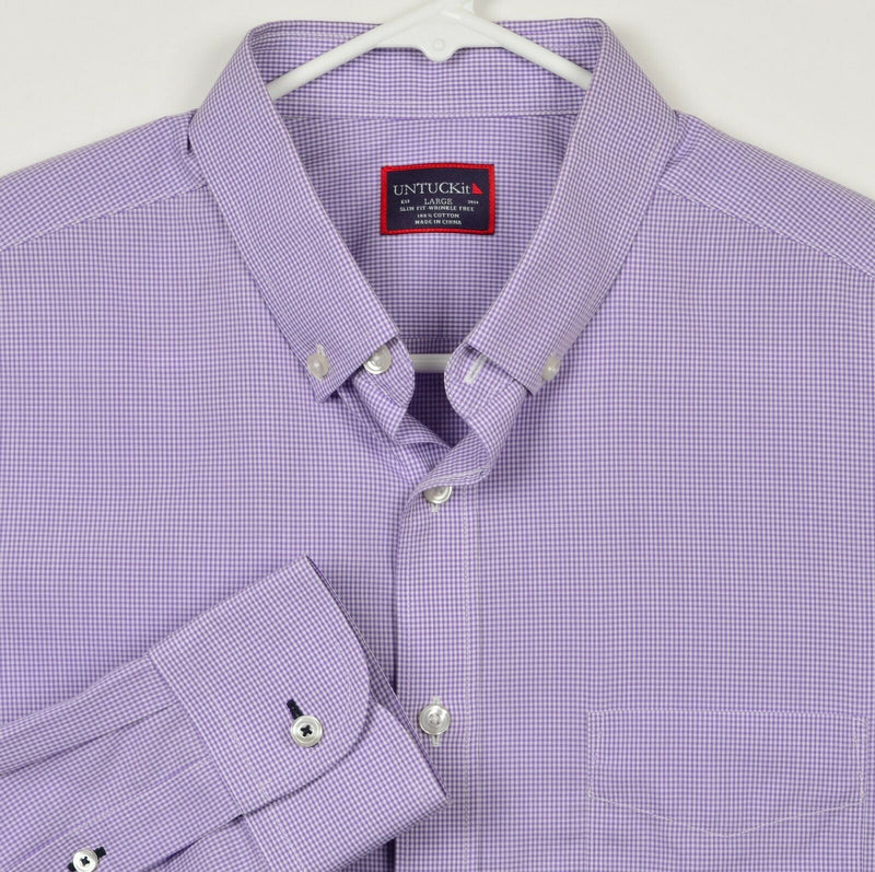UNTUCKit Men's Large Slim Fit Wrinkle Free Purple Micro-Check Plaid Shirt