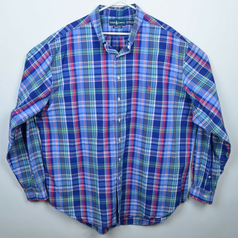 Polo Ralph Lauren Men's 3XLT (3XL Tall) Classic Fit Blue Plaid Button-Down Shirt