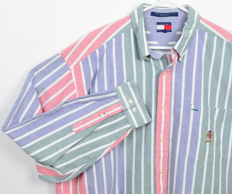 Vintage 90s Tommy Hilfiger Men XL Lion Crest Colorful Striped Button-Down Shirt